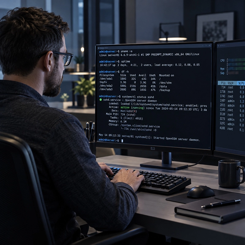 Técnico informático administrando un servidor Linux mediante consola de comandos